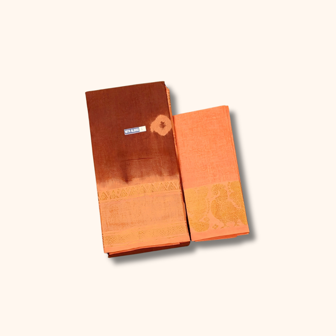 Brown & Peach Cotton Saree with Zari Border and Separate Blouse Piece