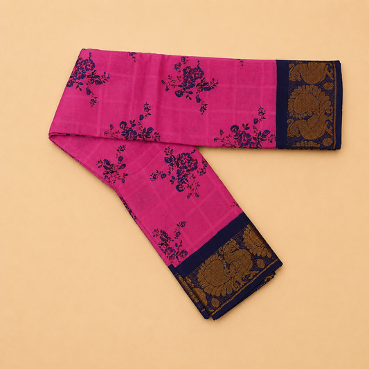 Pink Floral Printed Saree with Navy Blue Peacock Border