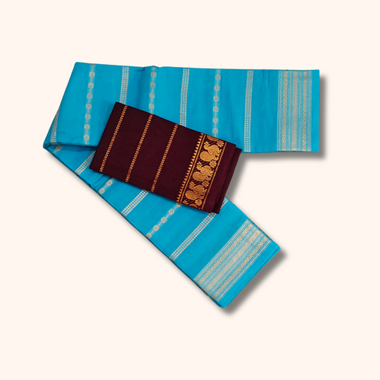 Sky Blue Sungudi Cotton Saree with Maroon Peacock Border Blouse
