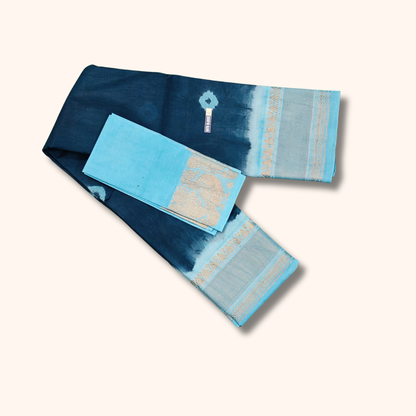 Navy Blue & Sky Blue Cotton Saree with Silver Zari Border