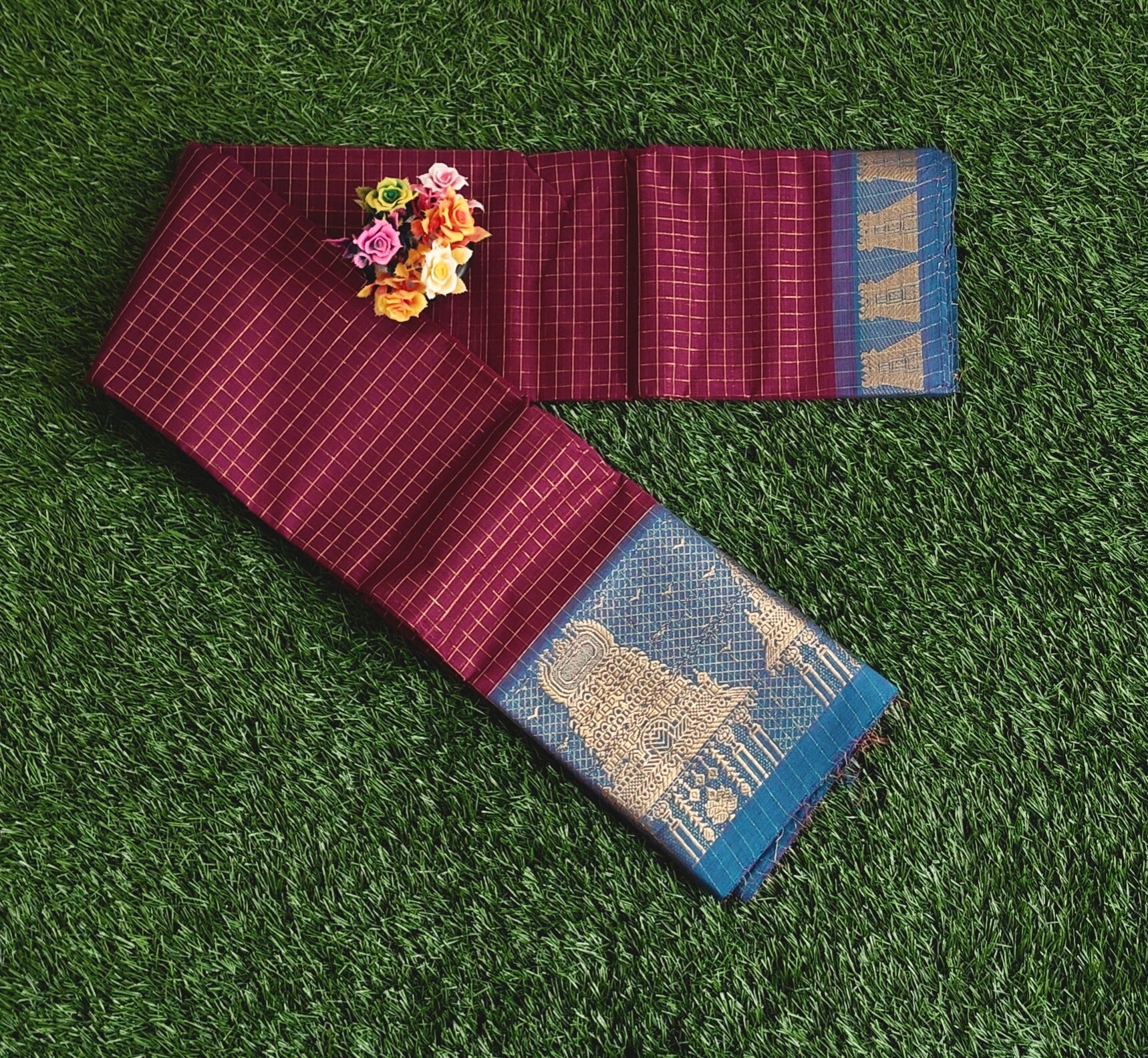 Authentic Chettinad Cotton Saree with Meenakshi Gopuram Border – Maroon Checks with Blue Temple Border