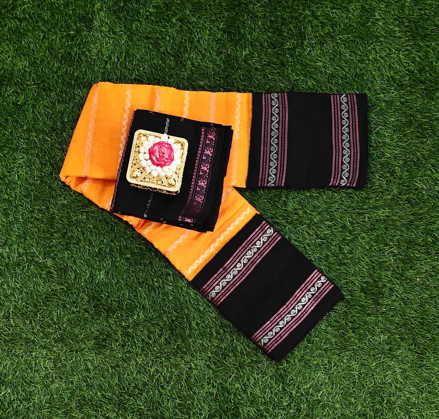 Orange Cotton Saree with Separate Black Blouse Sungudi saree