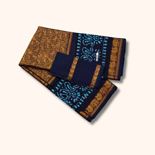 Navy Blue Batik Design Sungudi Cotton Saree with Elephant Zari Border & Separate Blouse Piece