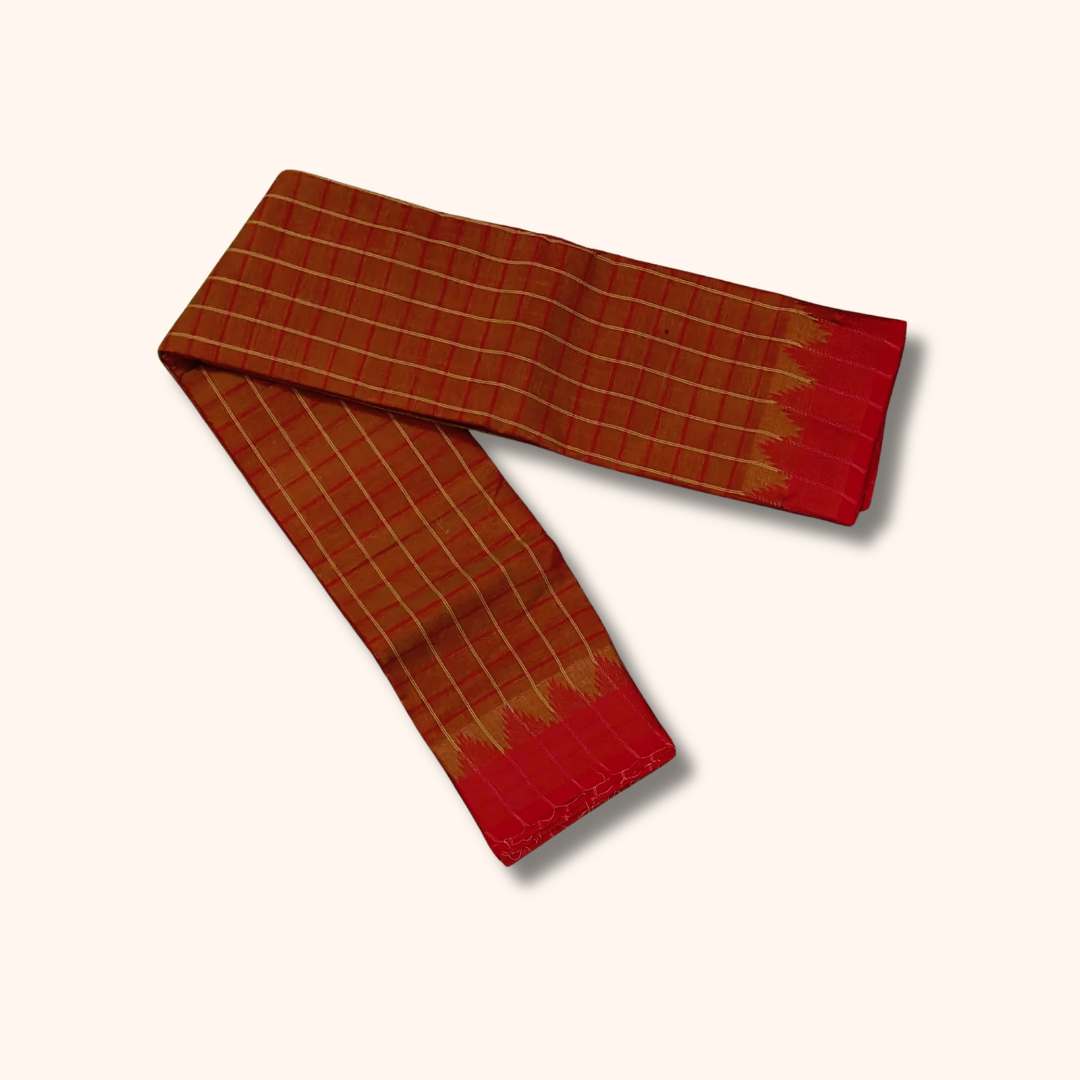 Rust Brown Checked Chettinad Cotton Saree with Red Border