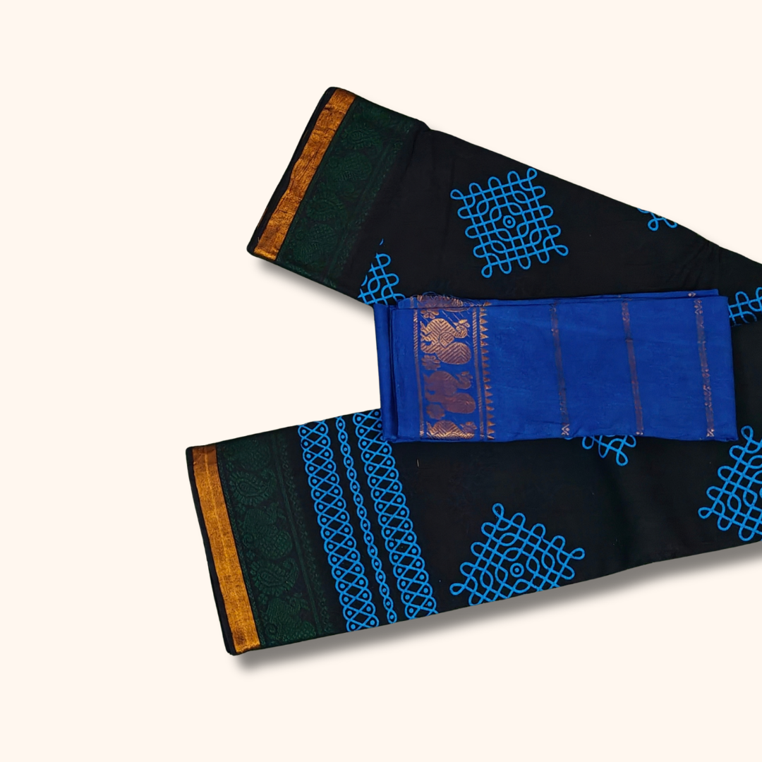 Black Cotton Saree with Blue Kolam Design & Gold Border