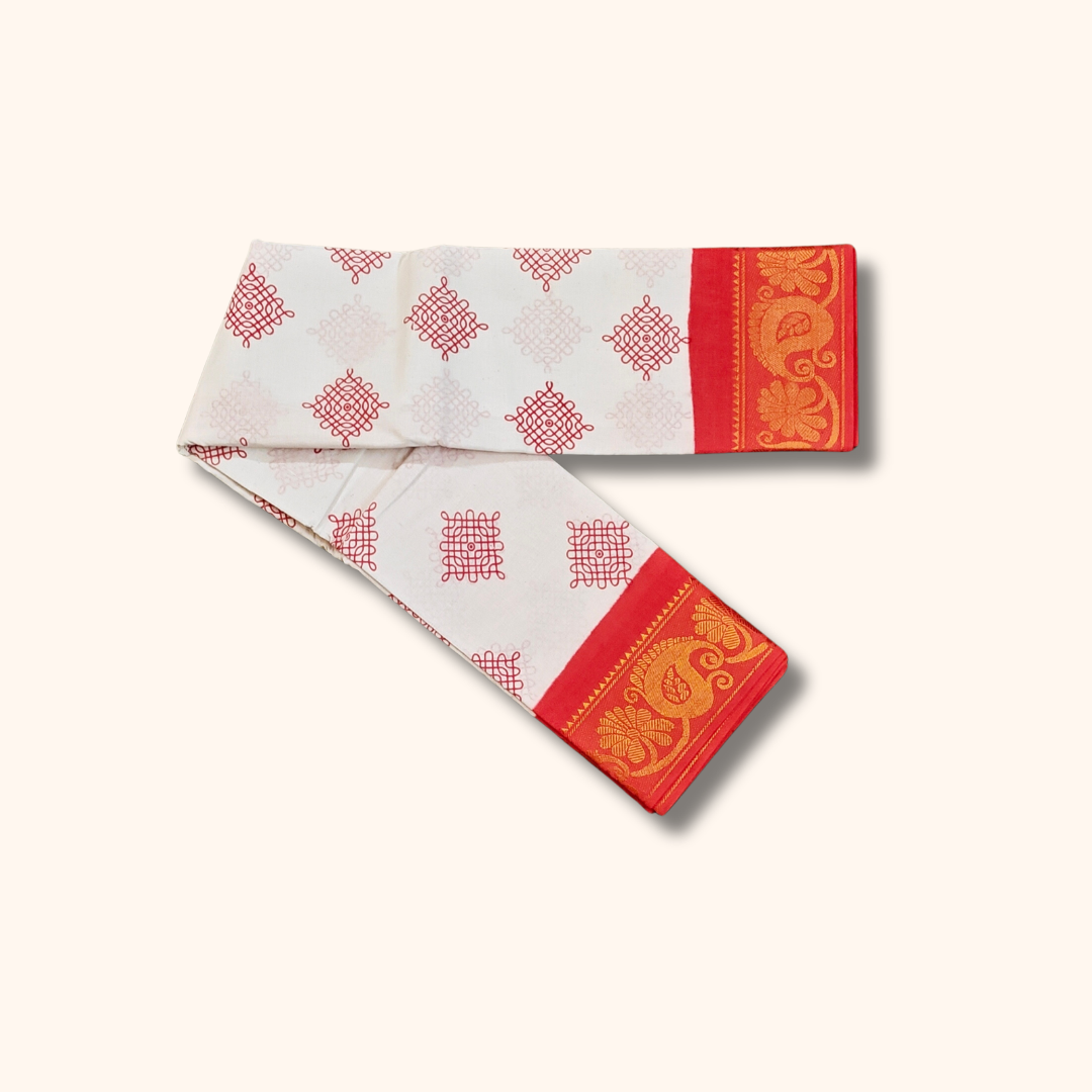 White Kolam Cotton Saree with Red Rich Zari Border