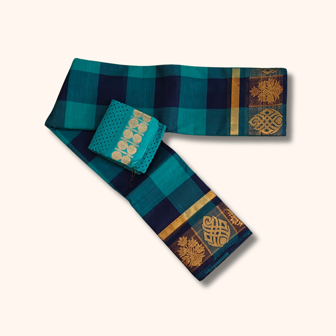 Blue Checked Chettinad Cotton Saree with Separate Blouse Piece