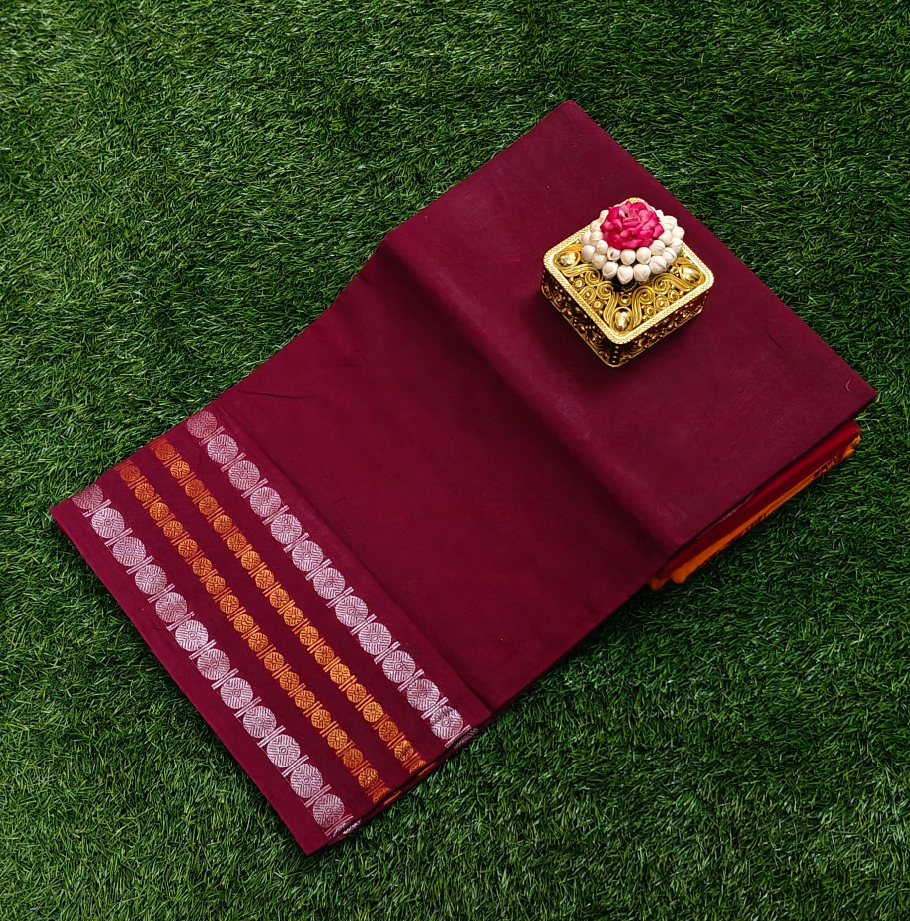 Maroon Sungudi Cotton Saree with Silver & Gold Striped Border
