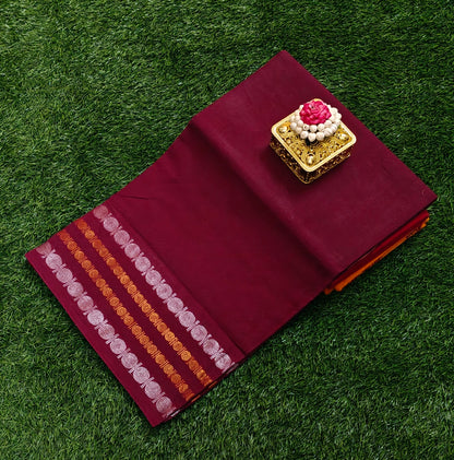 Maroon Sungudi Cotton Saree with Silver & Gold Striped Border