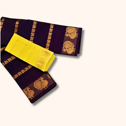 Deep Purple Cotton Saree with Golden Peacock Border & Yellow Blouse