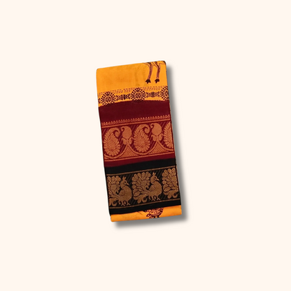 Mustard Yellow Peacock Print Double Border Sungudi Cotton Saree