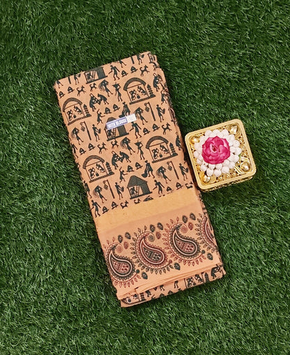 Earthy Brown Kalamkari Cotton Saree with Tribal Motifs