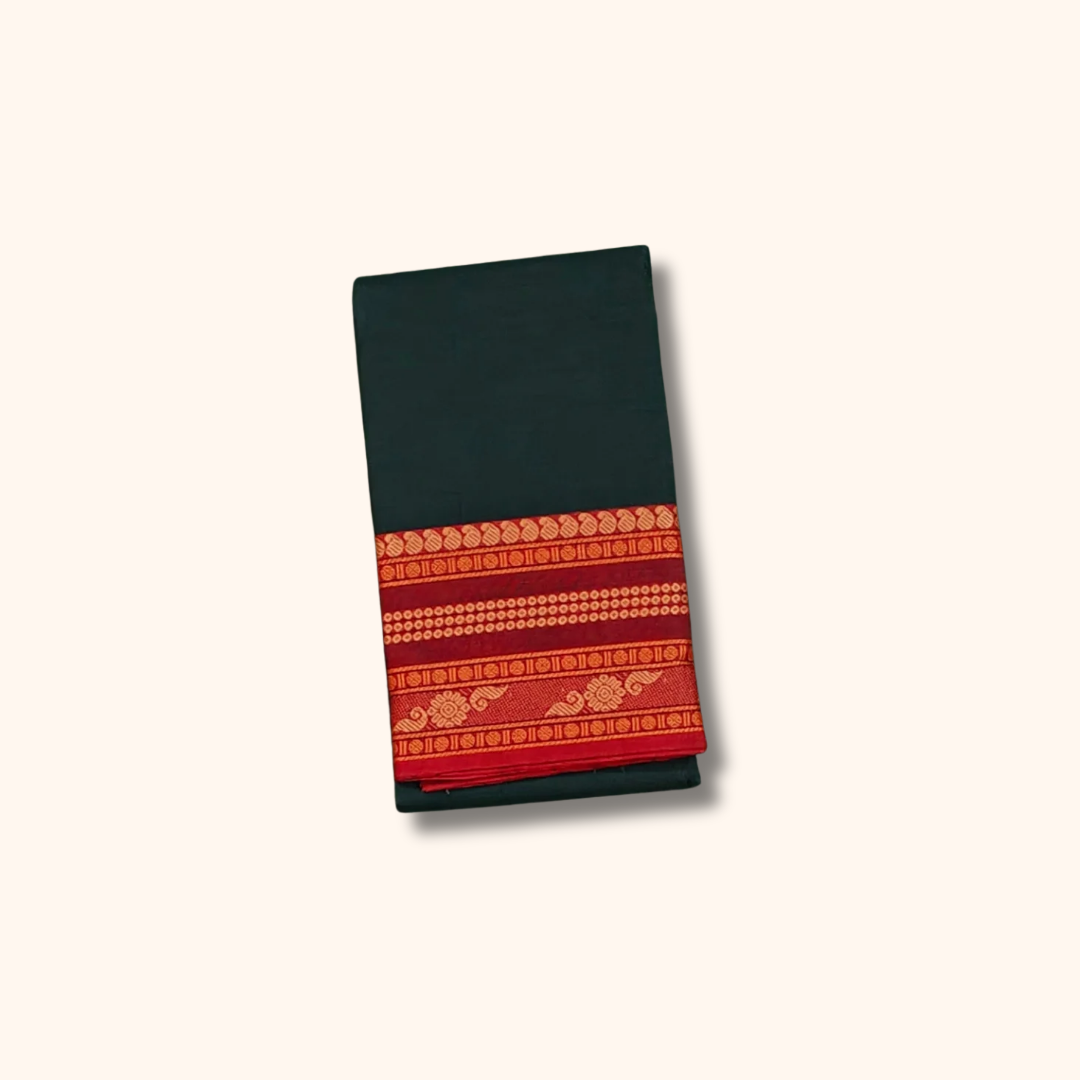 Dark Green Chettinad Cotton Saree with Maroon Traditional Border