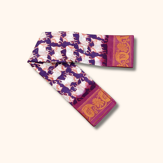 Purple Cow Print Sungudi Cotton Saree with Magenta Border