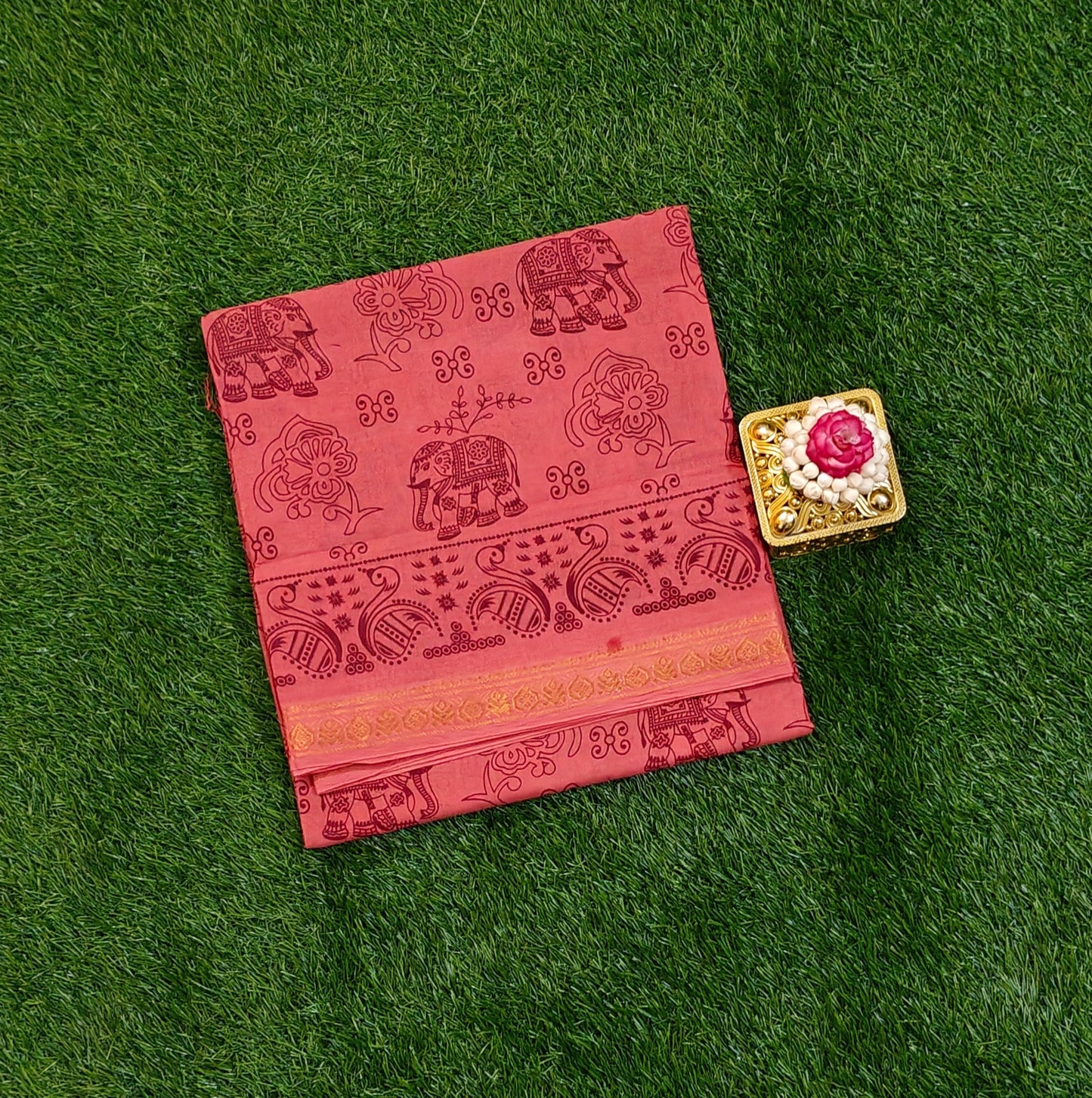 Beautiful Pink Sungudi Cotton Saree with Elephant Print Design