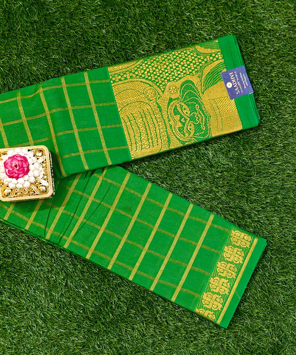 Classic Green with Gold Checks & Classic Woven Border Sungudi Saree