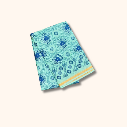 120s Count Vayal Cotton Saree in Aqua Blue with Floral Geometric Print