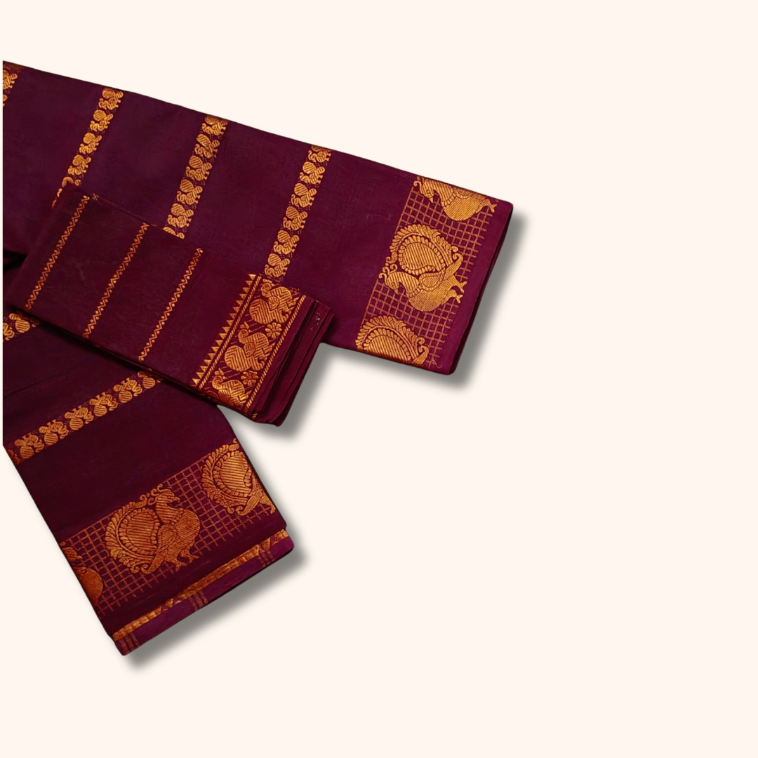 Dark Maroon Cotton Saree with Gold Zari Stripes & Peacock Border – Separate Blouse Piece
