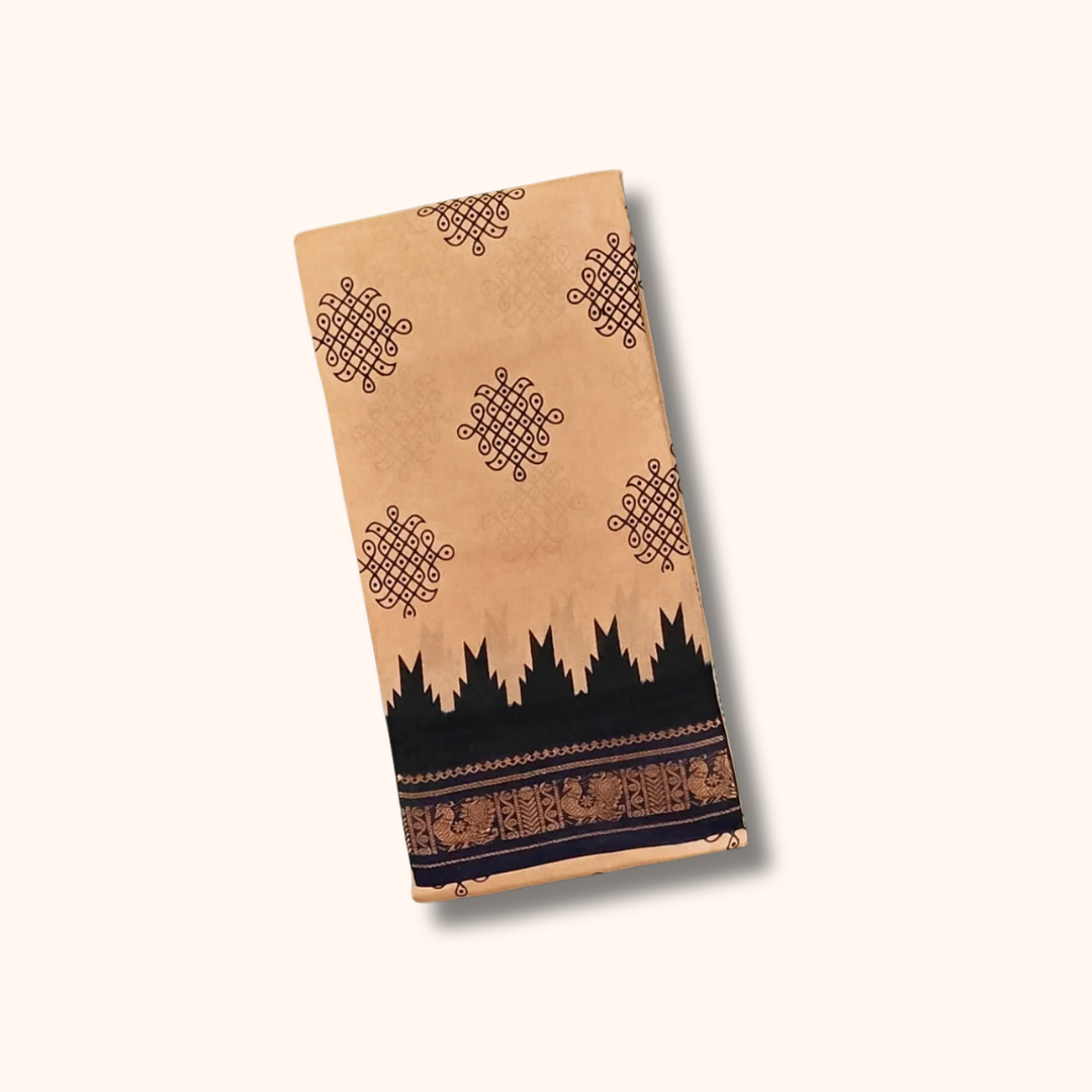 Beige Kolam Sungudi Cotton Saree with Black Temple Border