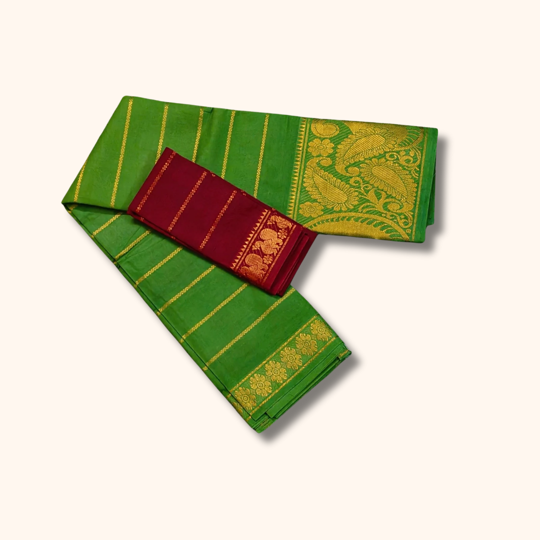 Green Pure Sungudi Cotton Saree with Gold Zari Floral Pallu & Maroon Blouse Piece