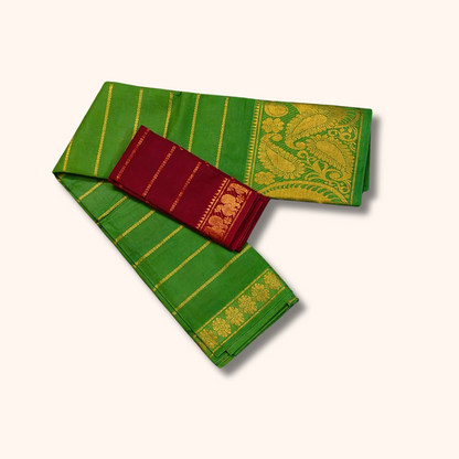 Green Pure Sungudi Cotton Saree with Gold Zari Floral Pallu & Maroon Blouse Piece