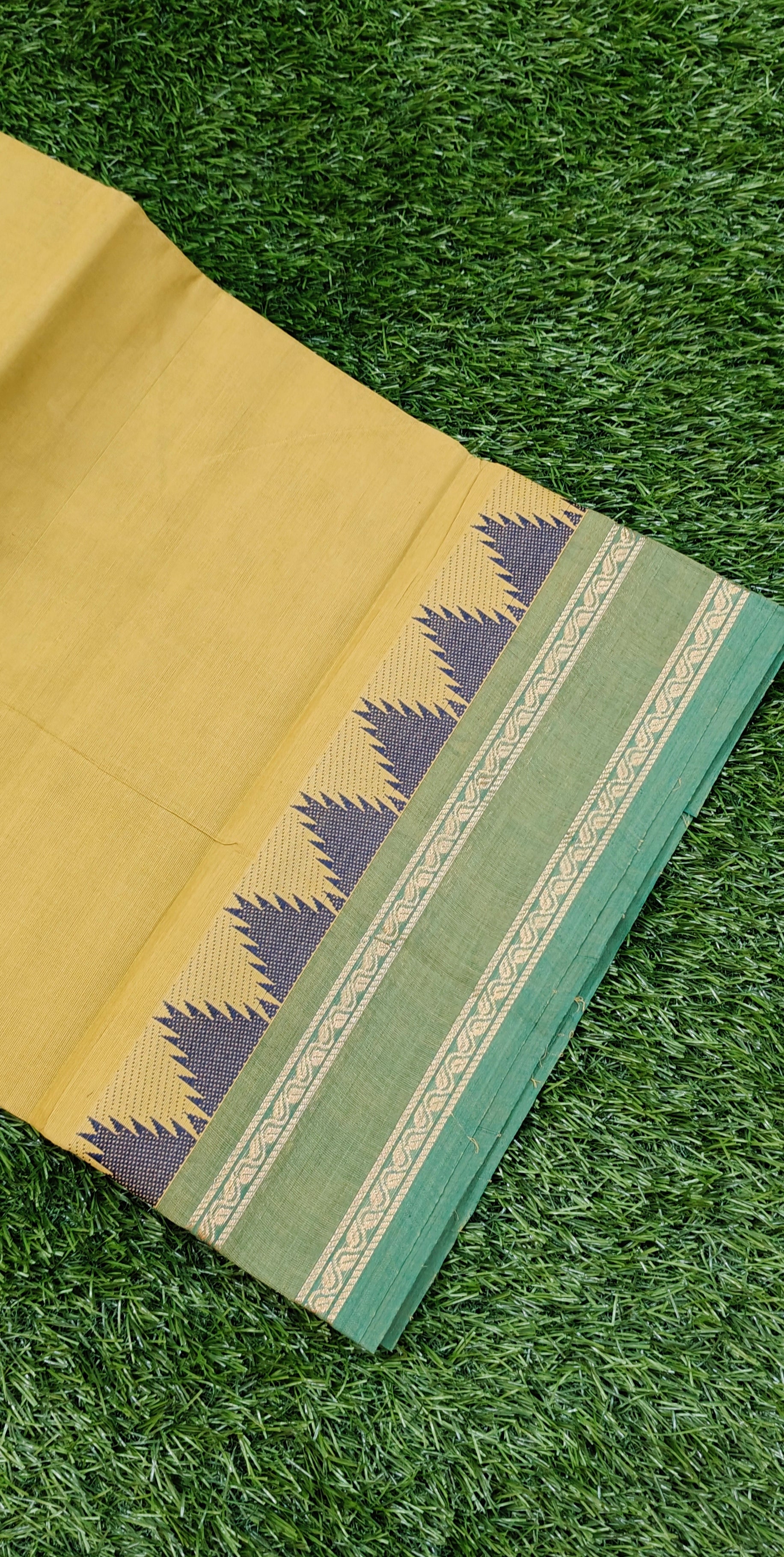 Mustard Yellow Chettinad Cotton Saree with Green Temple Border