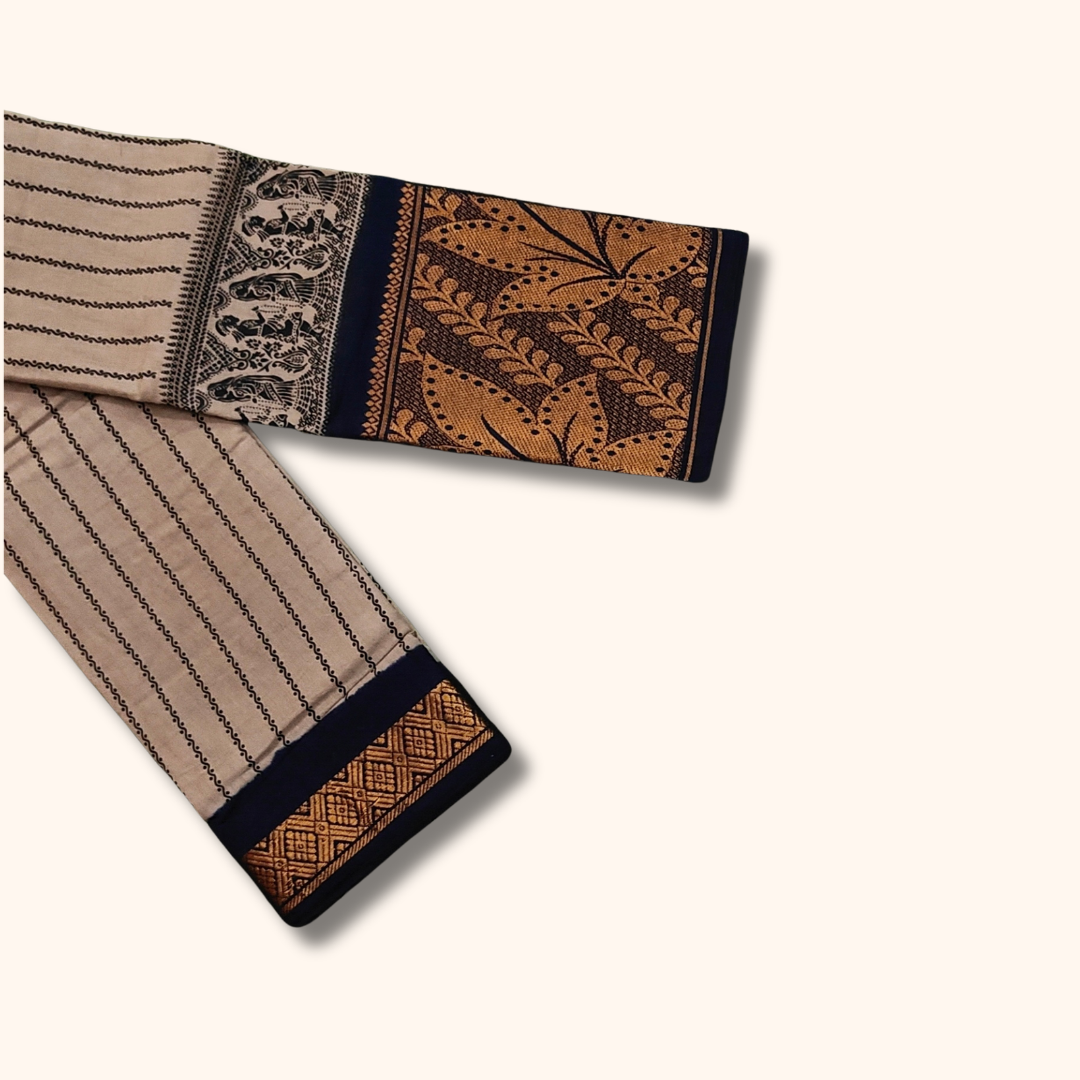 Grey Striped Sungudi Cotton Saree with Black Zari Border