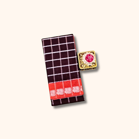 Dark Chocolate Brown Pavithra Kattam Cotton Saree with Silver Checks & Red Contrast Border