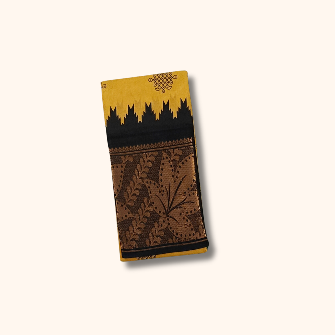 Mustard Yellow Kolam Cotton Saree with Black Rich Floral Pallu