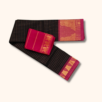 Black Temple Border Cotton Saree with Pink Pallu