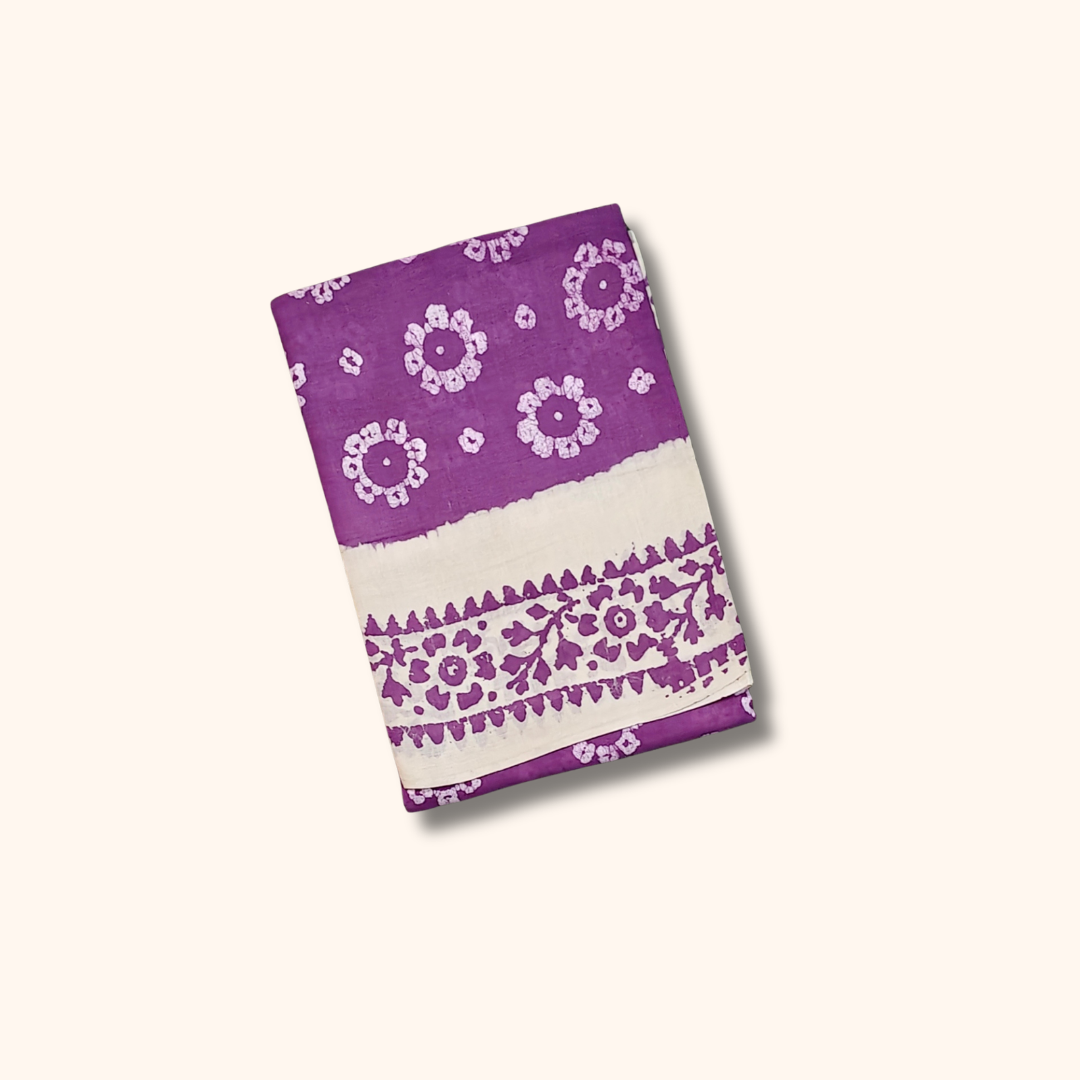 120s Count Sungudi Cotton Saree – Purple Floral Design Running Blouse Included