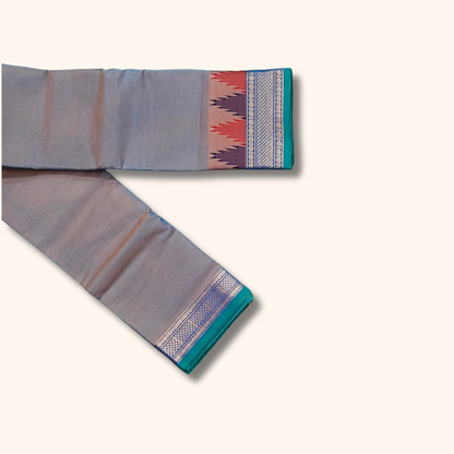 Bluish Grey Chettinad Cotton Saree with Traditional Contrast Border