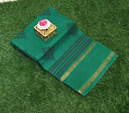 Emerald Green Kolam Design Sungudi Cotton Saree with Traditional Zari Border