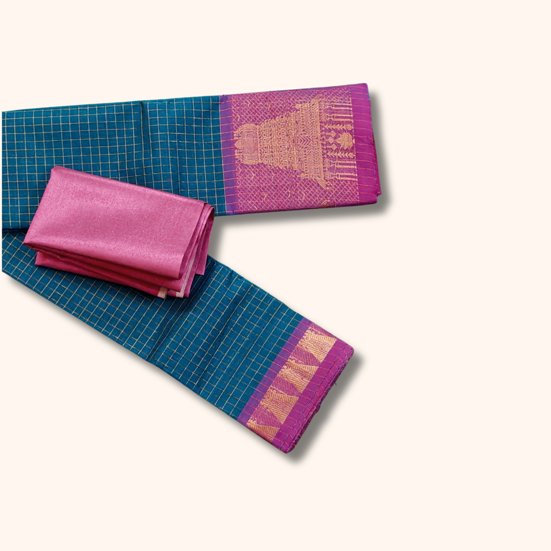 Teal Blue Chettinad Cotton Saree with Pink Temple Border & Gold Zari – Separate Blouse Piece