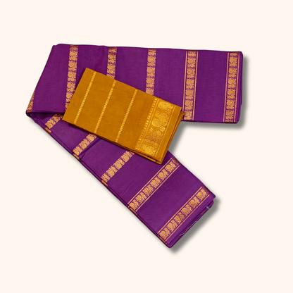 Royal Purple Cotton Saree with Gold Zari Border & Mustard Yellow Separate Blouse