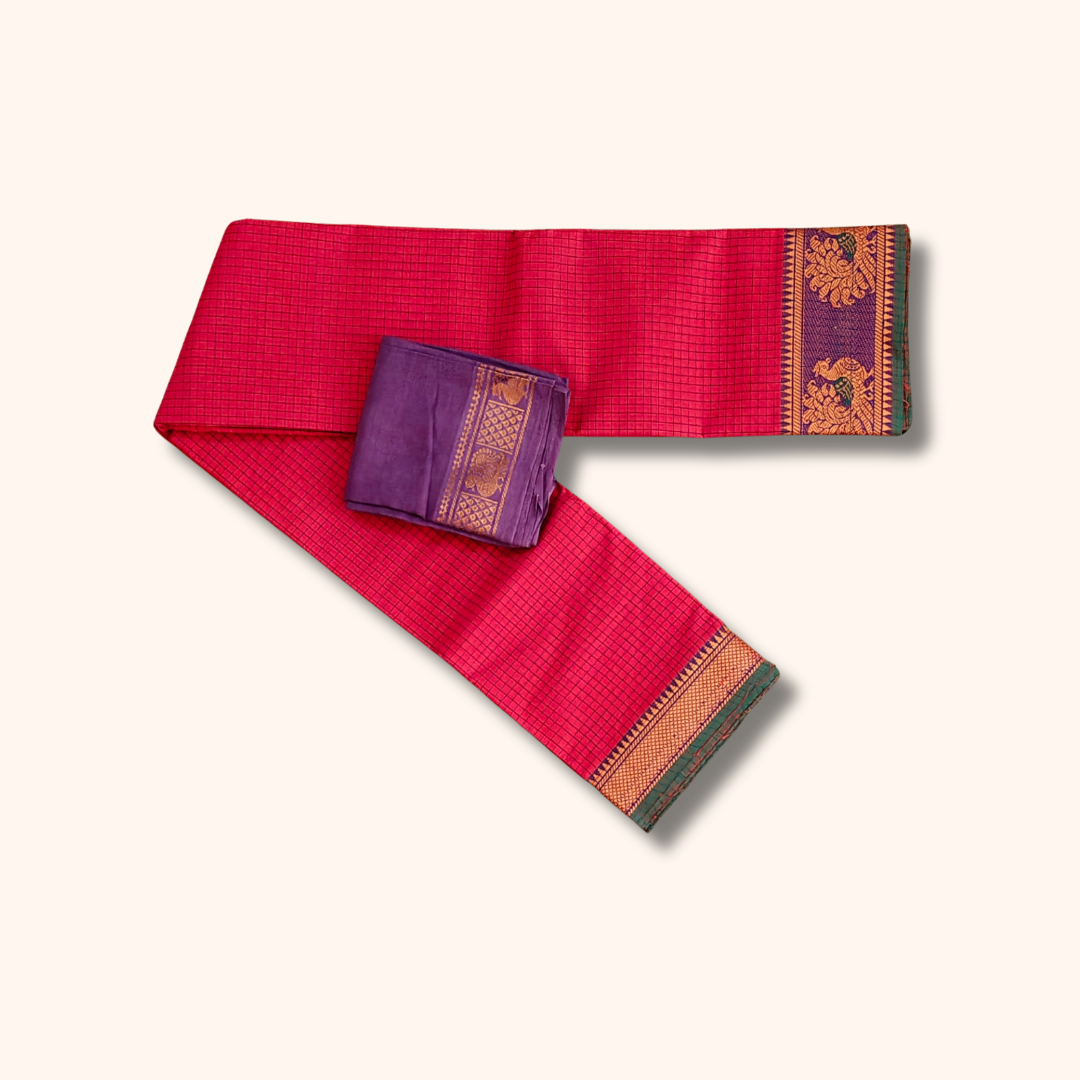 Red Checked Chettinad Cotton Saree Purple Blouse