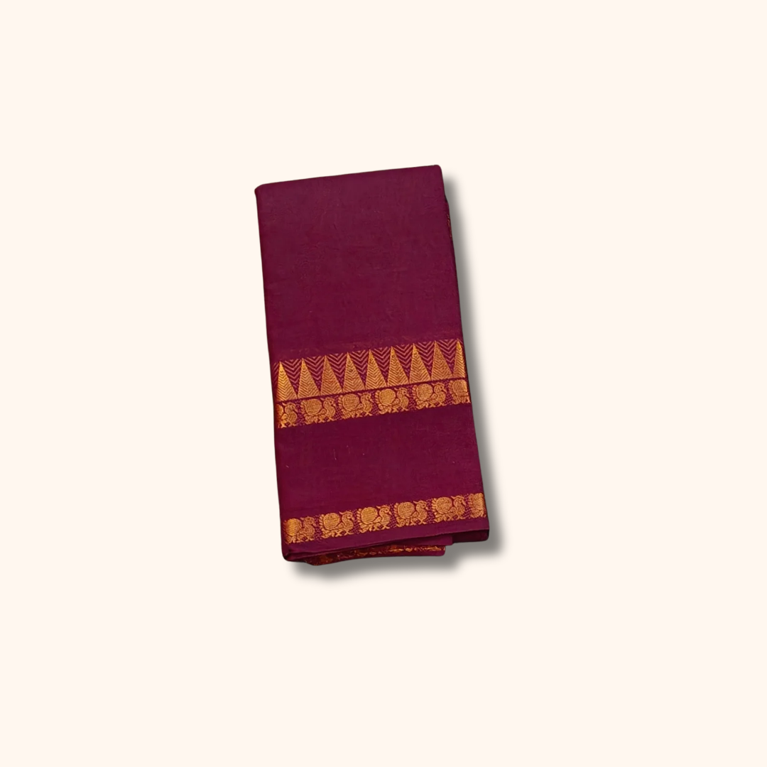 Wine Maroon Pure Cotton Saree with Traditional Zari Border – Running Blouse