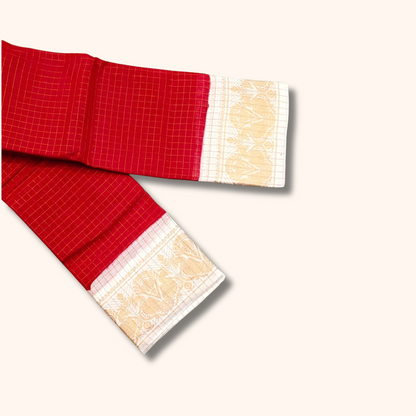 Red Sungudi Cotton Saree with Cream Gold Zari Border – Running Blouse