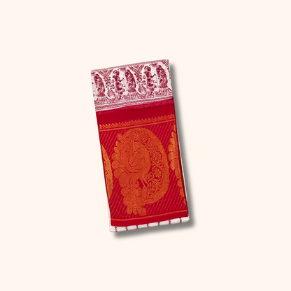 Off White Sungudi Cotton Saree with Red Peacock Border