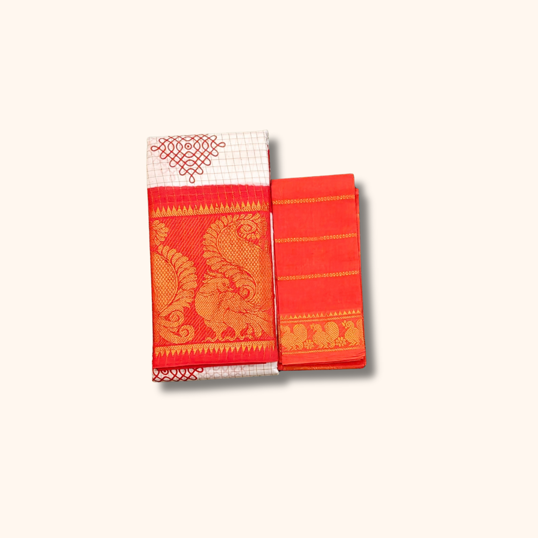 White Kolam Design Saree with Orange Border & Separate Blouse Piece