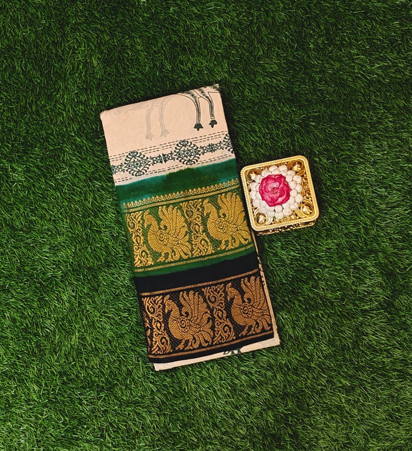 Beige Cotton Double Border Saree with Traditional Peacock Design