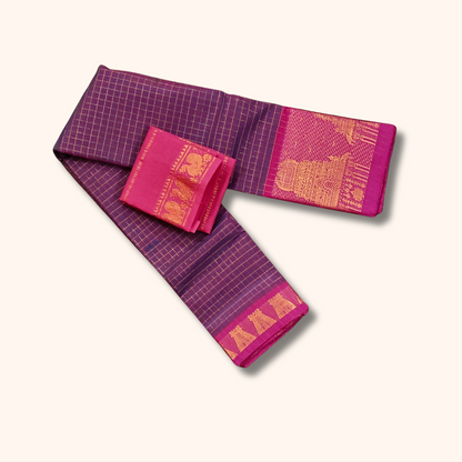 Purple Temple Border Cotton Saree with Pink Pallu Separate Blouse Piece