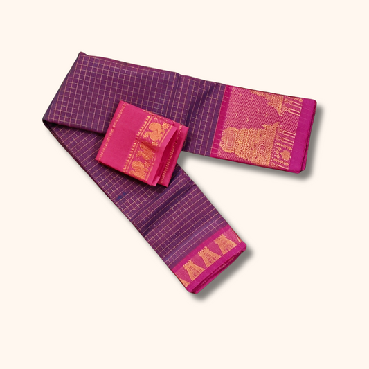 Purple Temple Border Cotton Saree with Pink Pallu Separate Blouse Piece