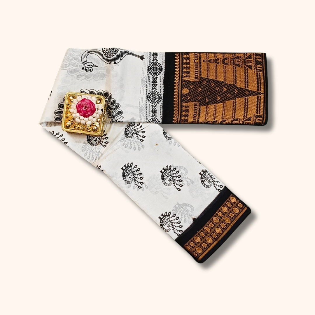 Attractive Off White Sungudi Cotton Saree with Black Motifs & Temple Zari Border