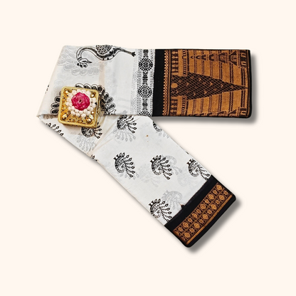Attractive Off White Sungudi Cotton Saree with Black Motifs & Temple Zari Border