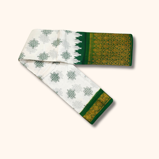 White Sungudi Cotton Saree with Green and Gold Zari Traditional Border – No Blouse Included