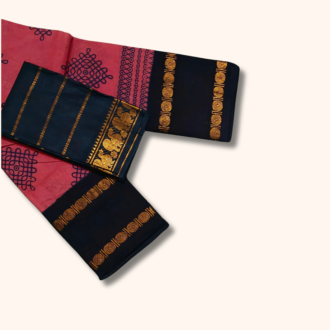 Pink Sungudi Kolam Cotton Saree with Contrast Navy Blue Blouse Piece