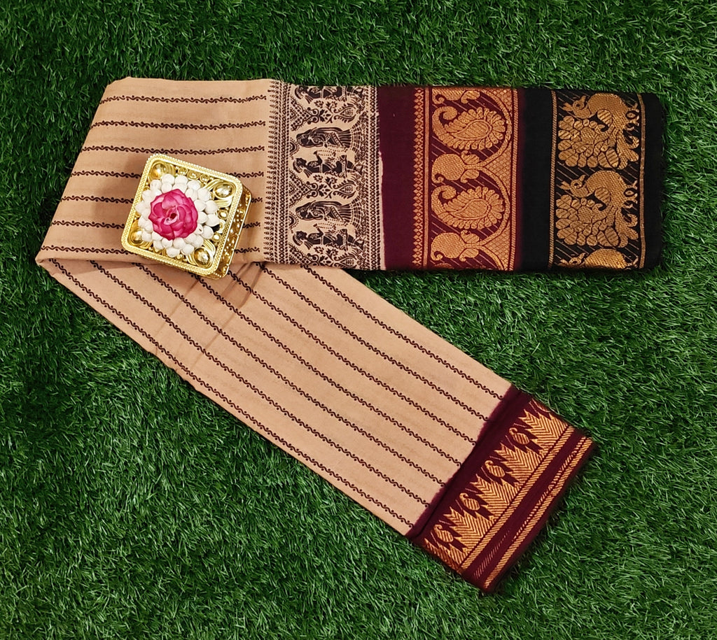 Sand Beige with Maroon Zari Border Sungudi Cotton Sarees