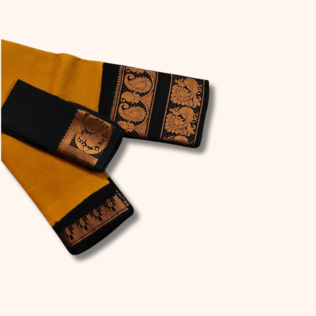 Mustard Yellow Cotton Saree with Black Gold Zari Peacock Border & Separate Blouse Piece