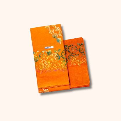 Bright Orange Sungudi Cotton Saree with Multicolor Batik Floral Design & Matching Blouse Piece